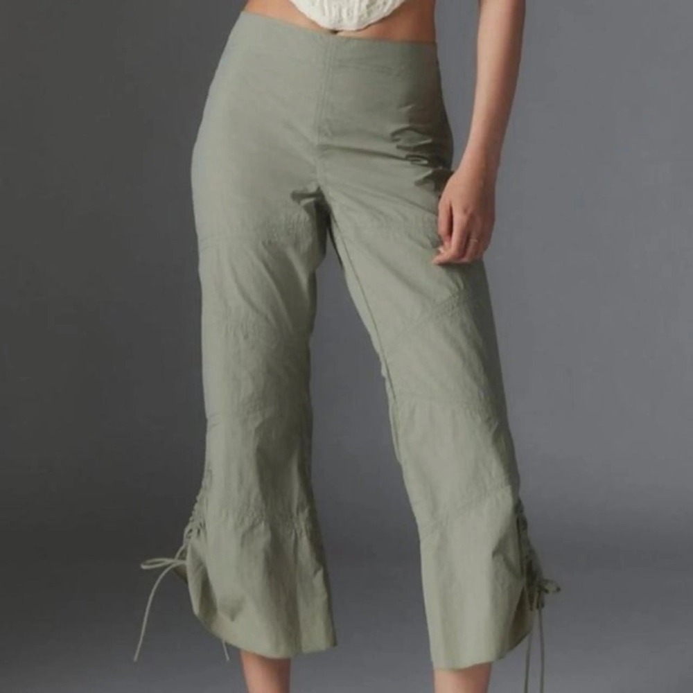 NWT Silence + Noise Hayley Cropped Kick-Flare Pant Grey Green Ruched Tie Hem